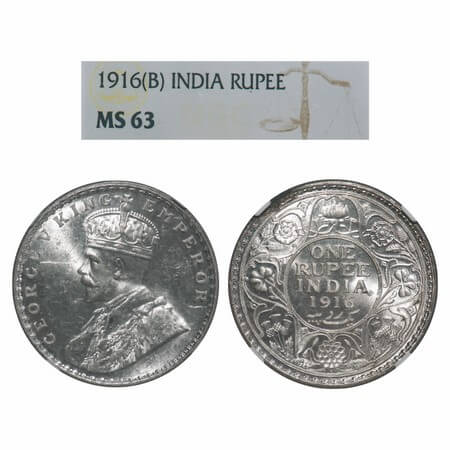 George V, Silver, Rupee, 1916, Bombay Mint, Dot, Elephant. F. Prid 222. GK 1034. NGC Slabb
