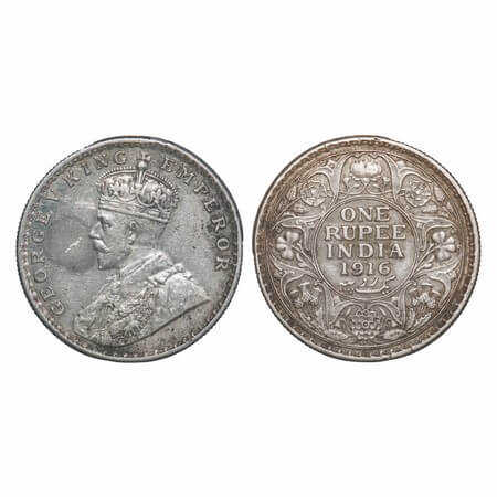 George V, Silver, Rupee, 1916, Bombay Mint, Dot, Elephant, A cud error on the rim edge. F.