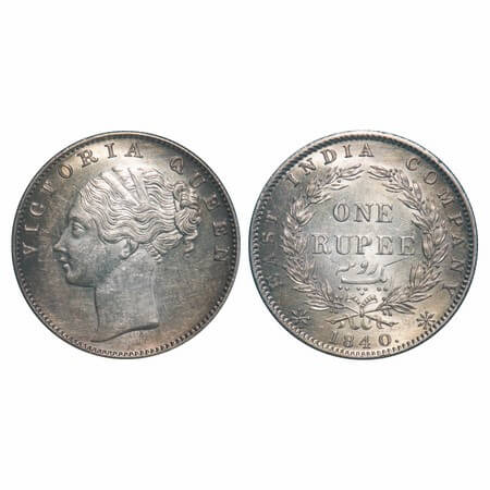 Victoria Queen, Silver, Rupee, 1840, CL, Calcutta Mint, D/VIII, w/o 'M' incused, Indian He
