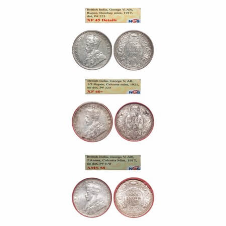 George V, Silver, (3 slabs), 1) Rupee, 1917, Calcutta Mint, No dot, Elephant, 2) Half Rupe