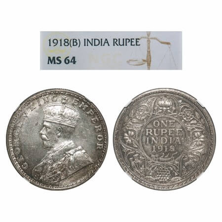 George V, Silver, Rupee, 1918, Bombay Mint, Dot, Elephant. F. Prid 224. GK 1038. NGC Slabb