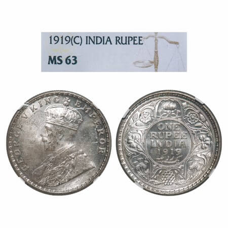 George V, Silver, Rupee, 1919, Calcutta Mint, No dot, Elephant. F. Prid 215. GK 1039. NGC 
