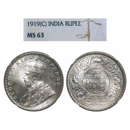 George V, Silver, Rupee, 1919, Calcutta Mint, No dot, Elephant. F. Prid 215. GK 1039. NGC 