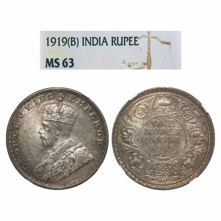 George V, Silver, Rupee, 1919, Bombay Mint, Dot, Elephant. F. Prid 225. GK 1040. NGC Slabb