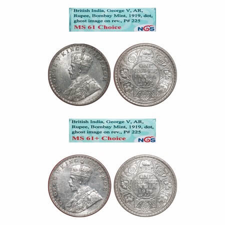 George V, Silver, Rupee, 1919, (2 slabs), Bombay Mint, Dot, Elephant, Ghost image on Rev m