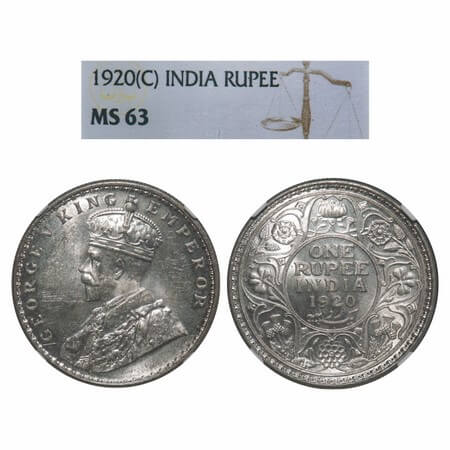 George V, Silver, Rupee, 1920, Calcutta Mint, No dot, Elephant. F. Prid 216. GK 1041. NGC 