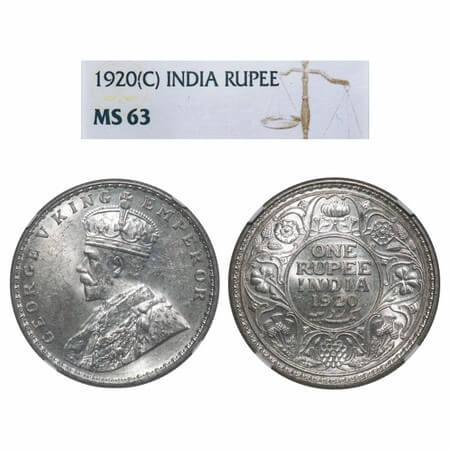 George V, Silver, Rupee, 1920, Calcutta Mint, No dot, Elephant. F. Prid 216. GK 1041. NGC 