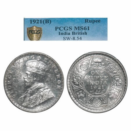 George V, Silver, Rupee, 1921, Bombay Mint, Dot, Elephant. F. Prid 227. GK 1043. PCGS Slab