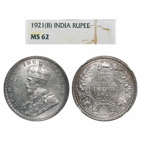 George V, Silver, Rupee, 1921, Bombay Mint, Dot, Elephant. F. Prid 227. GK 1043. NGC Slabb