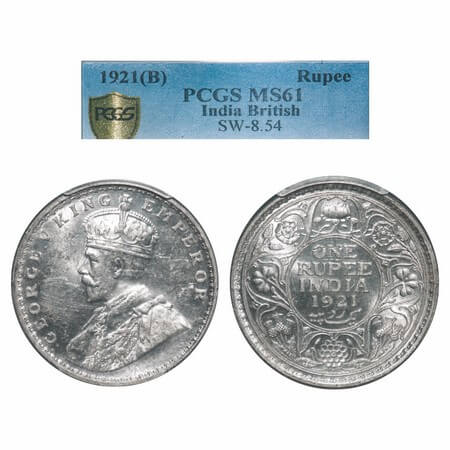 George V, Silver, Rupee, 1921, Bombay Mint, Dot, Elephant. F. Prid 227. GK 1043. PCGS Slab