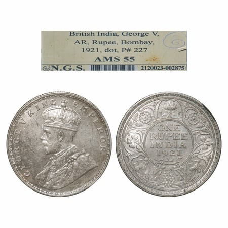 George V, Silver, Rupee, 1921, Bombay Mint, Dot, Elephant (small crack on obv side of slab