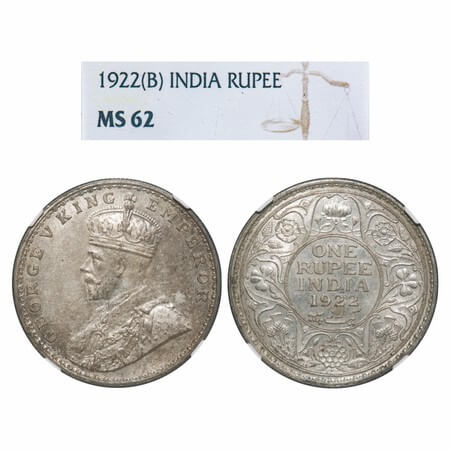 George V, Silver, Rupee, 1922, Bombay Mint, Dot, Elephant. F. Prid 228. GK 1044. NGC Slabb