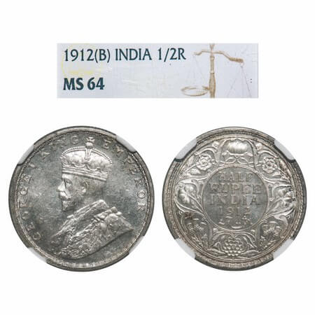 George V, Silver, Half Rupee, 1912, Bombay Mint, Dot, Re-drawn Elephant. F. Prid 336. GK 1