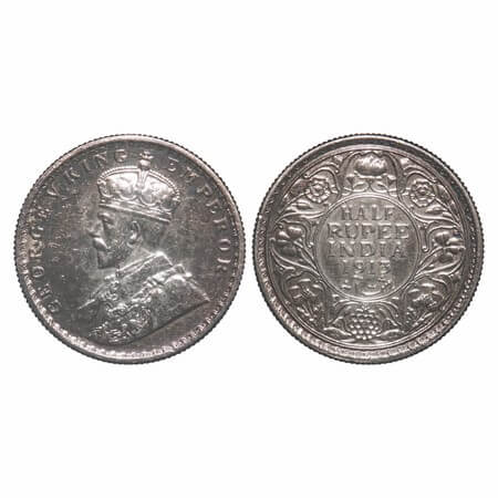 George V, Silver, Half Rupee, 1913, Calcutta Mint, No dot, Elephant. F. Prid 320. GK 1048.