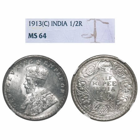 George V, Silver, Half Rupee, 1913, Calcutta Mint, No dot, Elephant. F. Prid 320. GK 1048.