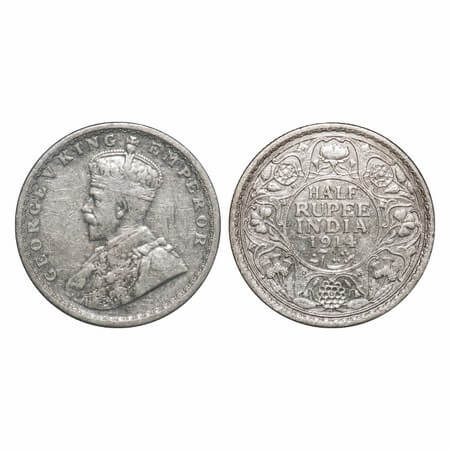 George V, Silver, Half Rupee, 1914, Bombay Mint, Dot, Elephant. F. Prid 338. GK 1051. Very