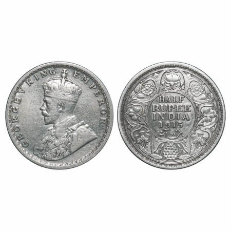 George V, Silver, Half Rupee, 1915, Calcutta Mint, No dot, Elephant. F. Prid 322. GK 1052.