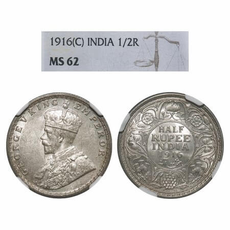 George V, Silver, Half Rupee, 1916, Calcutta Mint, No dot, Elephant. F. Prid 323. GK 1053.