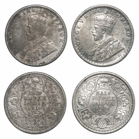 George V, Silver, Half Rupee, (2 coins), 1916, 1) Calcutta Mint, No dot, Elephant, 2) Bomb