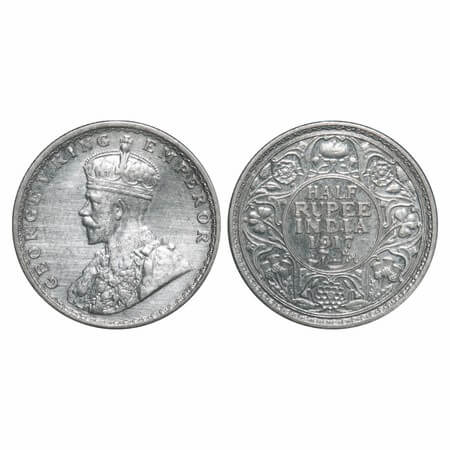 George V, Silver, Half Rupee, 1917, Bombay Mint, Dot, Elephant. F. Prid 341. GK 1055. Abou