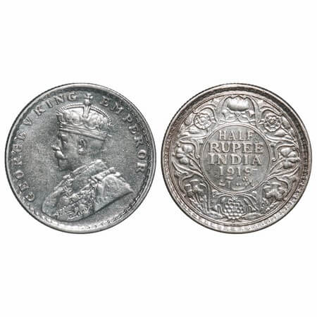 George V, Silver, Half Rupee, 1919, Bombay Mint, Dot, Elephant, Ghost on Rev. F. Prid 343.