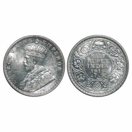 George V, Silver, Half Rupee, 1919, Bombay Mint, Dot, Elephant. F. Prid 343. GK 1057. Bril