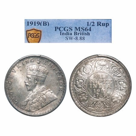 George V, Silver, Half Rupee, 1919, Bombay Mint, Dot, Elephant. F. Prid 343. GK 1057. PCGS