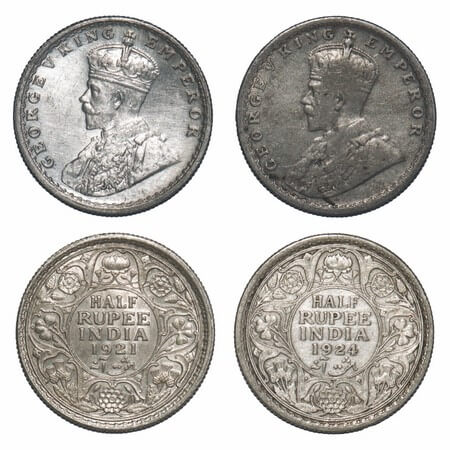 George V, Silver, Half Rupee, (2 coins), 1921, 1924, Calcutta Mint, No dot, Elephant. F. P