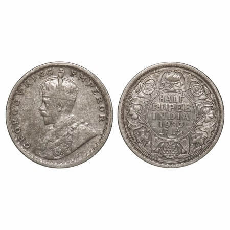 George V, Silver, Half Rupee, 1923, Calcutta Mint, No dot, Elephant. F. Prid 326. GK 1061.