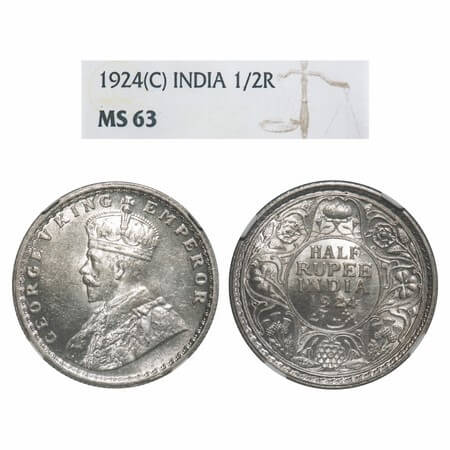 George V, Silver, Half Rupee, 1924, Calcutta Mint, No dot, Elephant (slab slight broken on