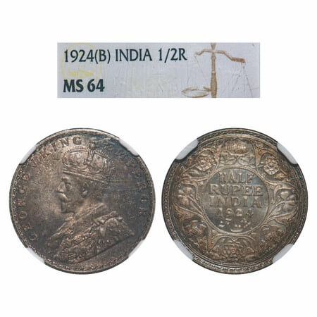 George V, Silver, Half Rupee, 1924, Bombay Mint, Dot, Elephant. F. Prid 346. GK 1064. NGC 