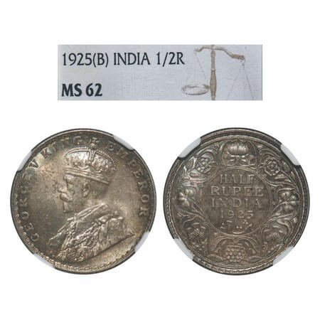 George V, Silver, Half Rupee, 1925, Bombay Mint, Dot, Elephant. F. Prid 347. GK 1066. NGC 