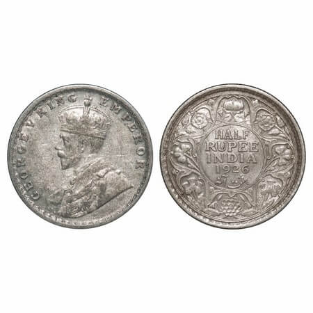 George V, Silver, Half Rupee, 1926, Calcutta Mint, No dot, Elephant. F. Prid 329. GK 1067.