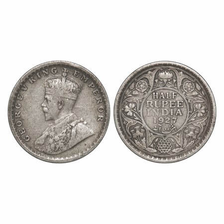 George V, Silver, Half Rupee, 1927, Calcutta Mint, No dot, Elephant. F. Prid 330. GK 1069.