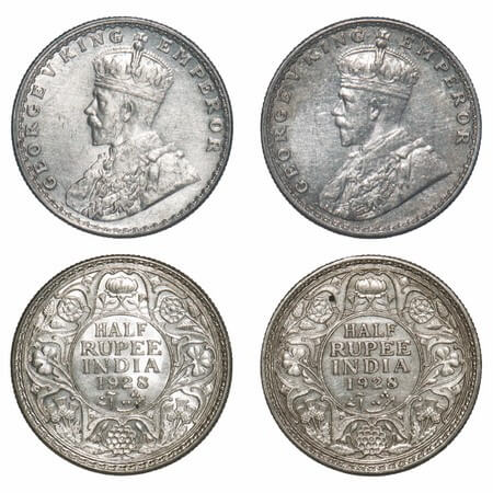 George V, Silver, Half Rupee, (2 coins), 1928, Bombay Mint, Dot, Elephant. F. Prid 349(2).