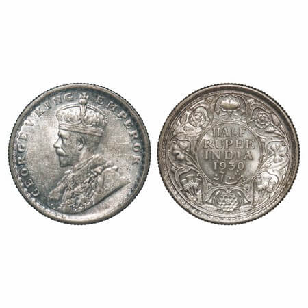 George V, Silver, Half Rupee, 1930, Calcutta Mint, No dot, Elephant, Mechanical die doubli
