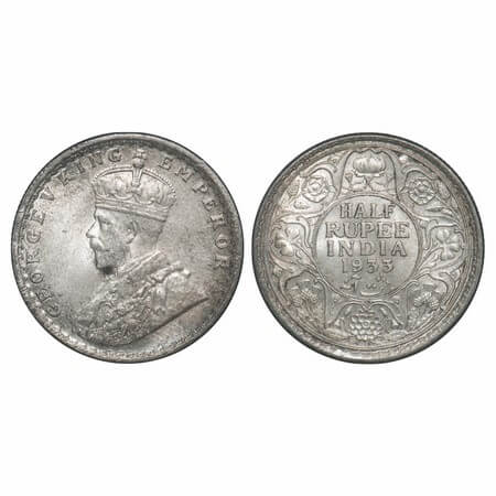 George V, Silver, Half Rupee, 1933, Calcutta Mint, No dot, Elephant. F. Prid 333. GK 1073.