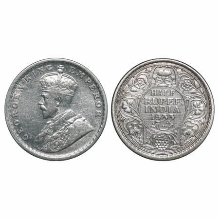 George V, Silver, Half Rupee, 1933, Calcutta Mint, No dot, Elephant. F. Prid 333. GK 1073.