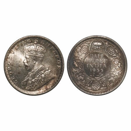 George V, Silver, Half Rupee, 1933, Calcutta Mint, No dot, Elephant. F. Prid 333. GK 1073.