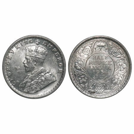 George V, Silver, Half Rupee, 1934, Calcutta Mint, No dot, Elephant. F. Prid 334. GK 1074.