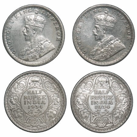 George V, Silver, Half Rupee, (2 coins), 1934, Calcutta Mint, Do dot, Elephant. F. Prid 33