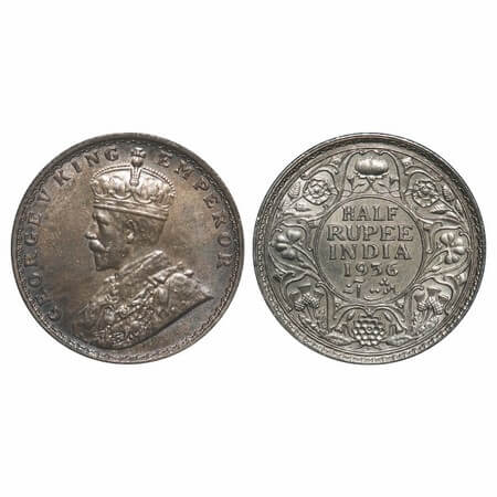 George V, Silver, Half Rupee, 1936, Bombay Mint, Dot, Elephant. F. Prid 350. GK 1076. Unci