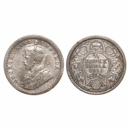 George V, Silver, 1/4 Rupee, 1911, Calcutta Mint, No dot, Pig-Type. F. Prid 440. GK 1080. 