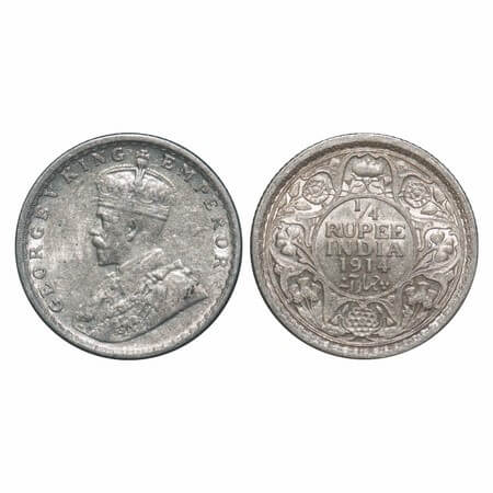 George V, Silver, 1/4 Rupee, 1914, Calcutta Mint, No dot, Elephant. F. Prid 443. GK 1085. 