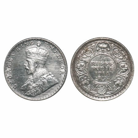 George V, Silver, 1/4 Rupee, 1914, Bombay Mint, Dot, Elephant. F. Prid 456. GK 1086. Extre