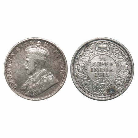 George V, Silver, 1/4 Rupee, 1915, Bombay Mint, Dot, Elephant. F. Prid 457. GK 1088. Extre