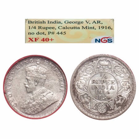 George V, Silver, 1/4 Rupee, 1916, Calcutta Mint, No dot, Elephant. F. Prid 445. GK 1089. 