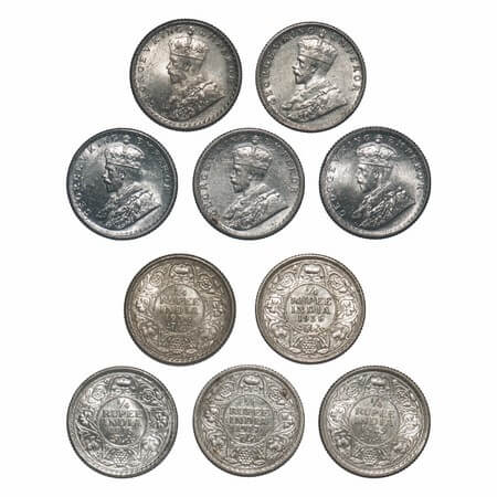 George V, Silver, 1/4 Rupee, (Lot of 5 coins), 1 to 4) 1917, 1918, 1929, 1936, Calcutta Mi