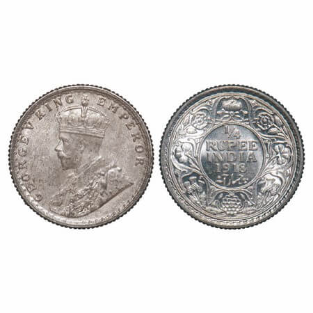 George V, Silver, 1/4 Rupee, 1918, Calcutta Mint, No dot, Elephant. F. Prid 447. GK 1091. 