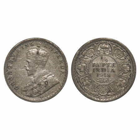 George V, Silver, 1/4 Rupee, 1918, Calcutta Mint, No dot, Elephant. F. Prid 447. GK 1091. 